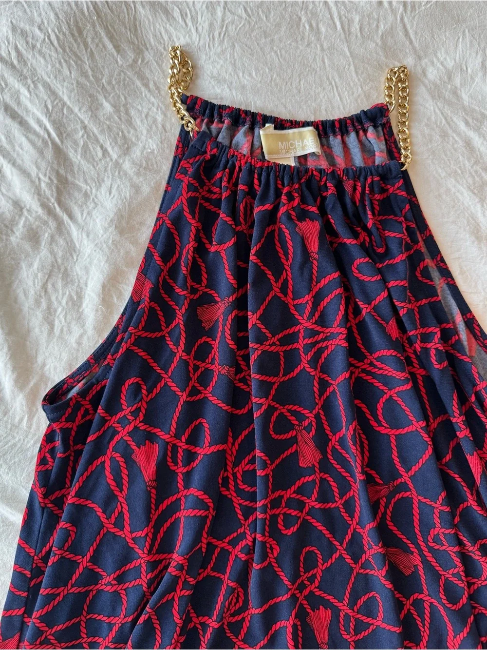 Michael Kors Navy Halter Tank with Red Rope-Print & Gold Chain Straps